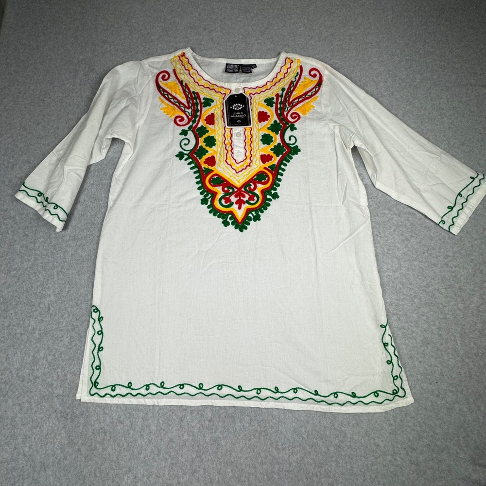 Anandas Collection White Cotton Embroidered Tunic Top Boho India Free Size